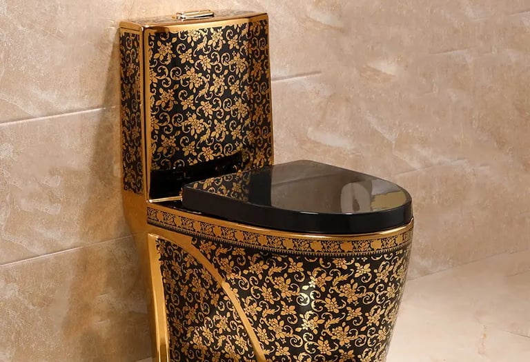 a toilet with a black and gold toilet seat cover