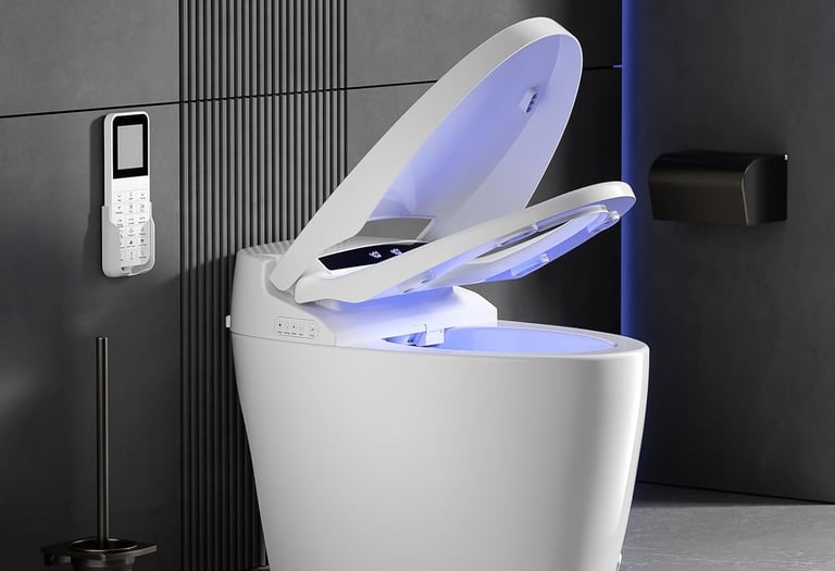 a toilet with a blue light on it