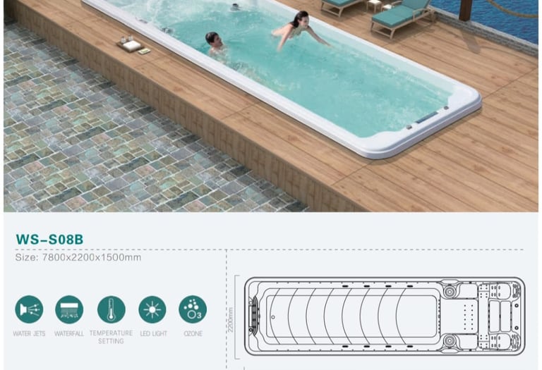 a woman in a swim pool with a man in a boat