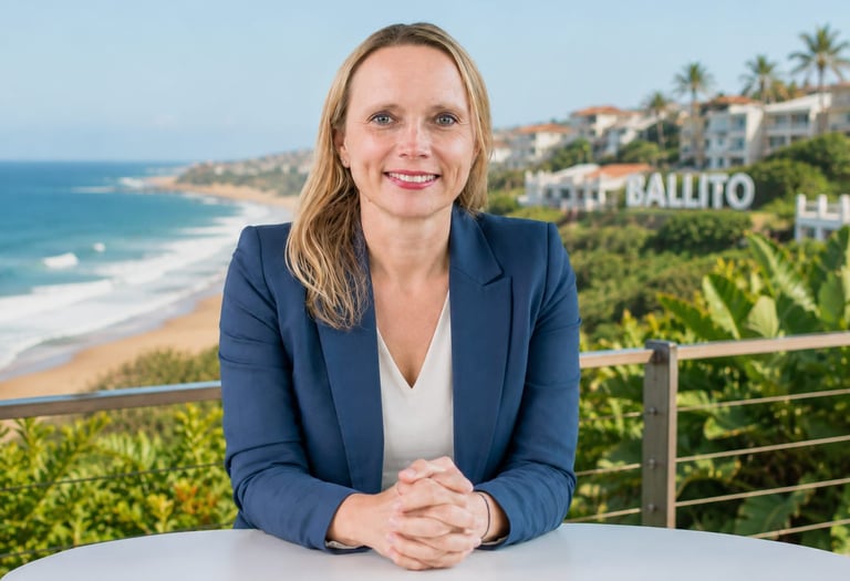 Blonde Geschäftsfrau im blauen Blazer auf Balkon in Ballito mit Blick auf den Strand.