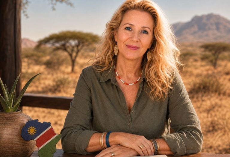 Blonde Frau in Safari-Kleidung im namibischen Savannengelände vor Wüstenbergen.