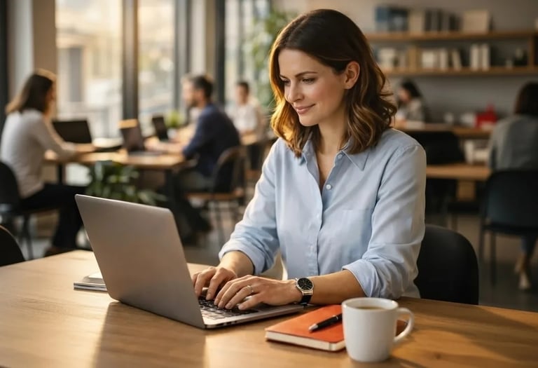 Profesional escribiendo en laptop en oficina moderna, trabajando en redacción SEO para blog