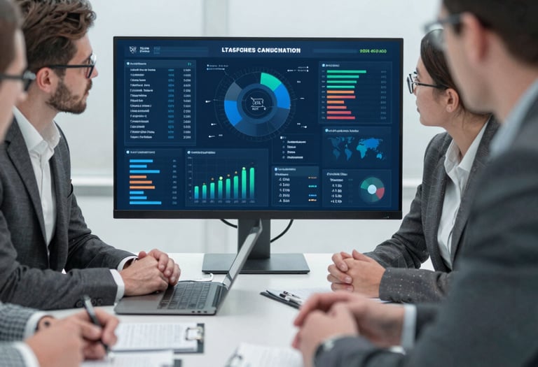 A diverse team collaborating around a large digital data dashboard in a modern office.