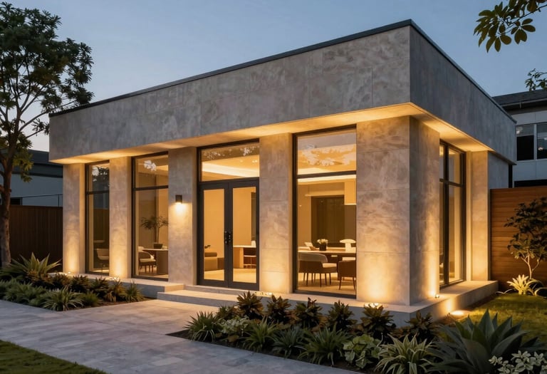 A sleek 3D lighting simulation render showcasing a modern architectural interior with warm gold accents.