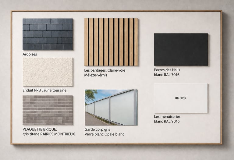 Palette de matériaux extérieurs pour résidence neuve : ardoises, bardage mélèze, enduit PRB, briquet