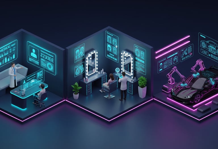 Isometric 3D illustration of AI technology in medical, beauty, and automotive manufacturing industries.