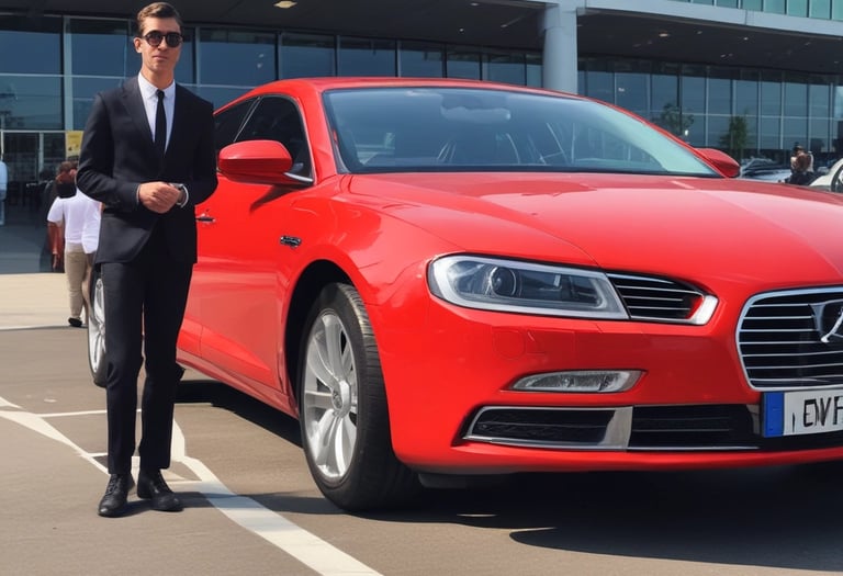 A sleek black car parked outside a London airport terminal with a driver holding a welcome sign.