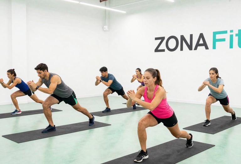 Energetic group doing high-intensity functional training in a bright gym.