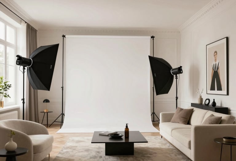 A bright, minimalist studio setup with elegant lighting and camera equipment ready for a photo shoot.