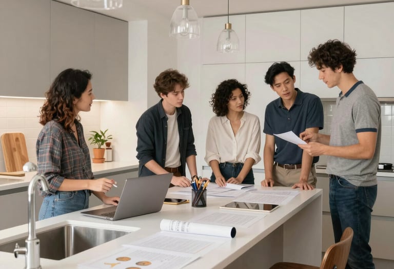 A confident female contractor discussing home renovation plans with a homeowner in a bright, modern living room featuring cobalt blue accents.