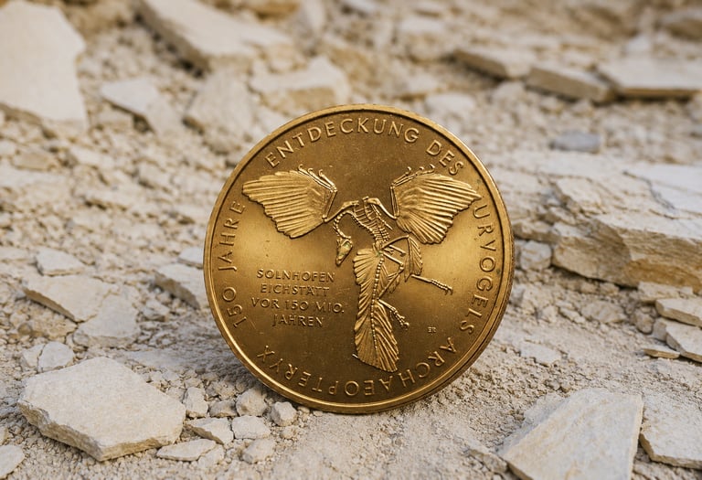 Sondermünze mit Archaeopteryx-Motiv, prähistorischer Urvogel aus dem Jura