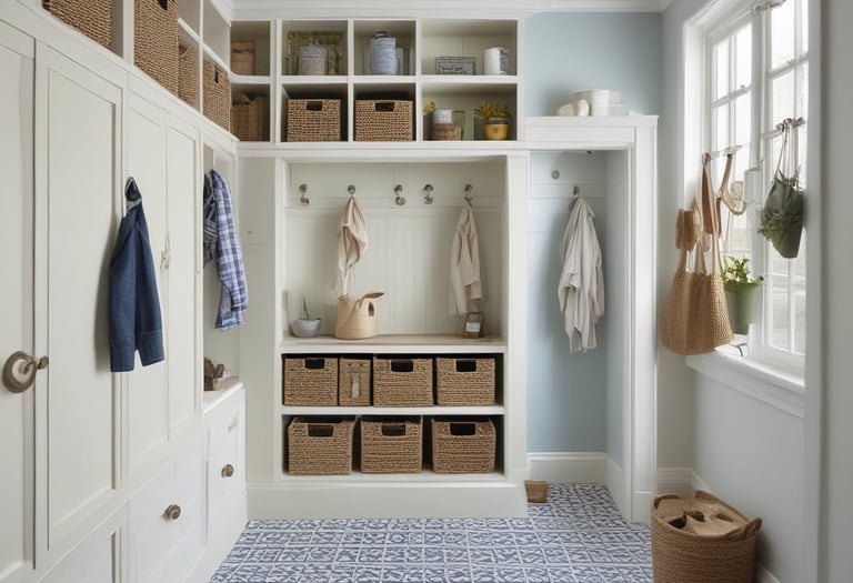 a mud room with a bunch of cubbies and baskets