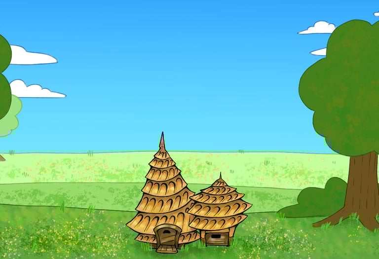 Cover image for bee the defender, cartoon trees, blue sky, wildflowers and a small bee hive