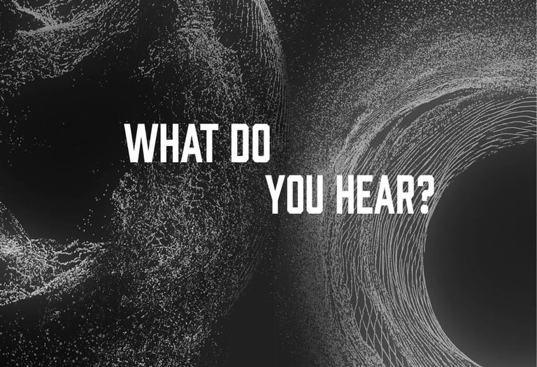 cover image for what do you hear, black and white theme, abstract swirls in background