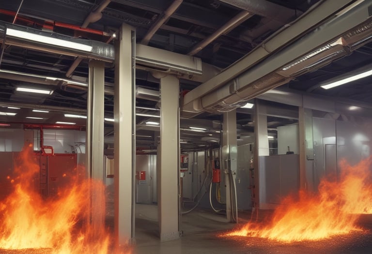 Technician inspecting fire extinguishers and emergency lighting equipment in a commercial building.