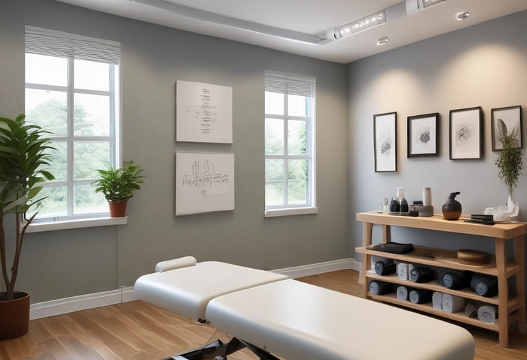 A calm therapy room with soft lighting and massage table ready for a session.