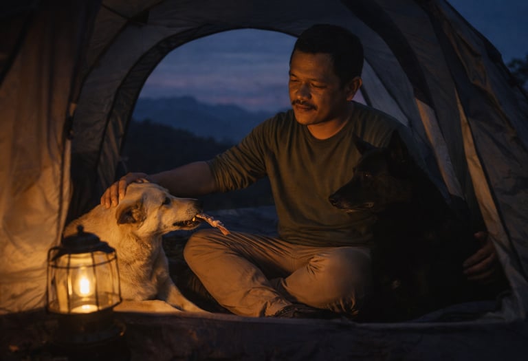 armando masuk kemah bersama dua ekor anjing