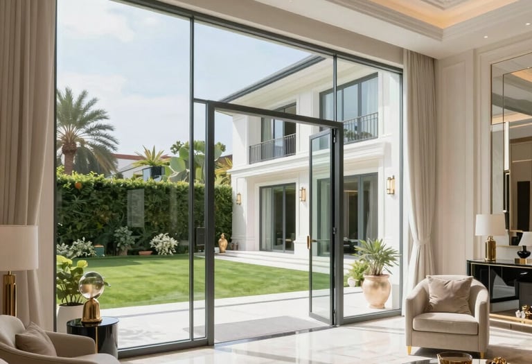 Black and white photo of a sleek, minimalist office interior with natural light.