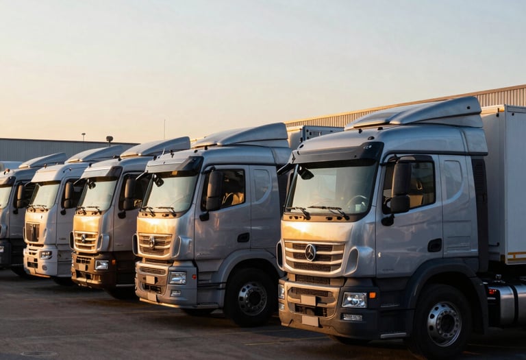 Commercial truck fleet parked neatly in an industrial terminal at sunrise, soft golden and steel blue light, Argentine setting.
