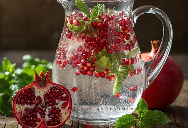 Água saborizada romã hortelã: infusão purificação renascimento fertilidade Perséfone hidratação