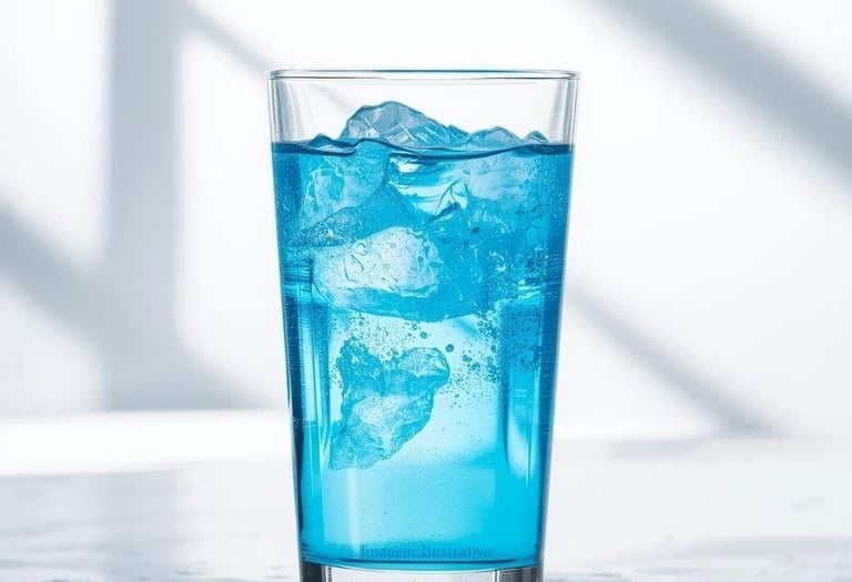 Água solarizada azul servida em um belo copo transparente com pedras de gela em um líquido azulado