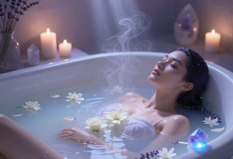 Banho Estrela purificação: água lavanda pétalas brancas luz prateada cura esperança fé celestial ritual