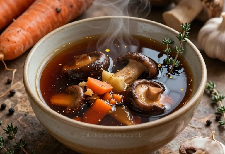 Caldo de cogumelos e raízes em bowl cerâmico bege terroso, vapor dourado e ingredientes terrosos — fotografia gastronômica.