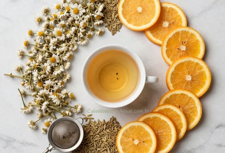 Composição elegante chá: camomila erva-doce laranja mel ingredientes botânica moderação equilíbrio flat
