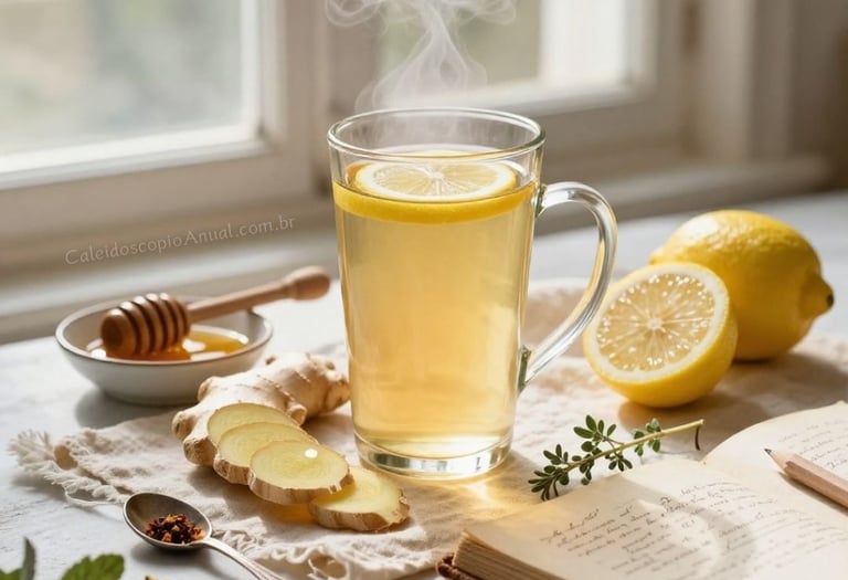 Chá de gengibre e limão em copo de vidro dourado, estilo light academia, com diário botânico e luz suave.