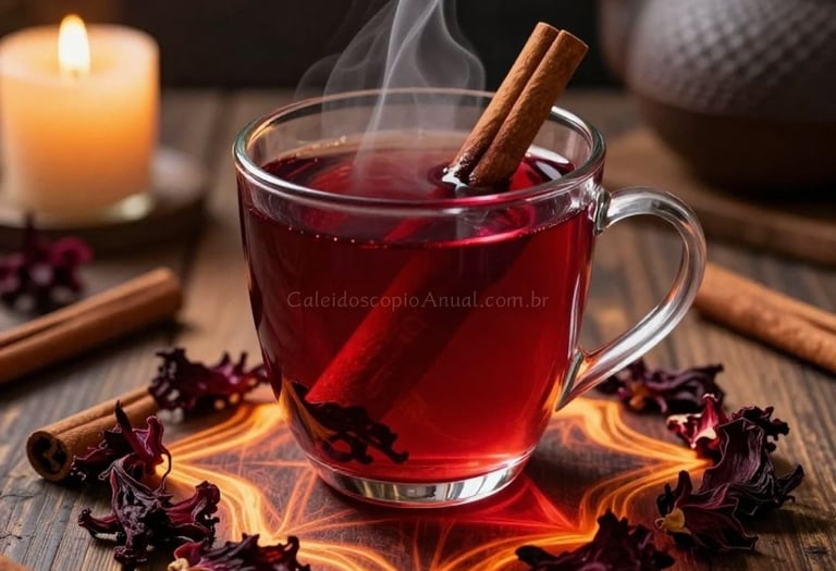 Chá hibisco e canela servido numa xícara transparente  em cima da mesa de madeira com emblema místico tendo ao fundo uma vela