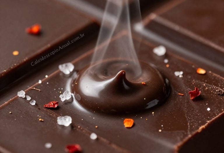 Chocolate macro close: textura cacau amargo pimenta caiena sal prazer sensorial consciente detalhes ritual