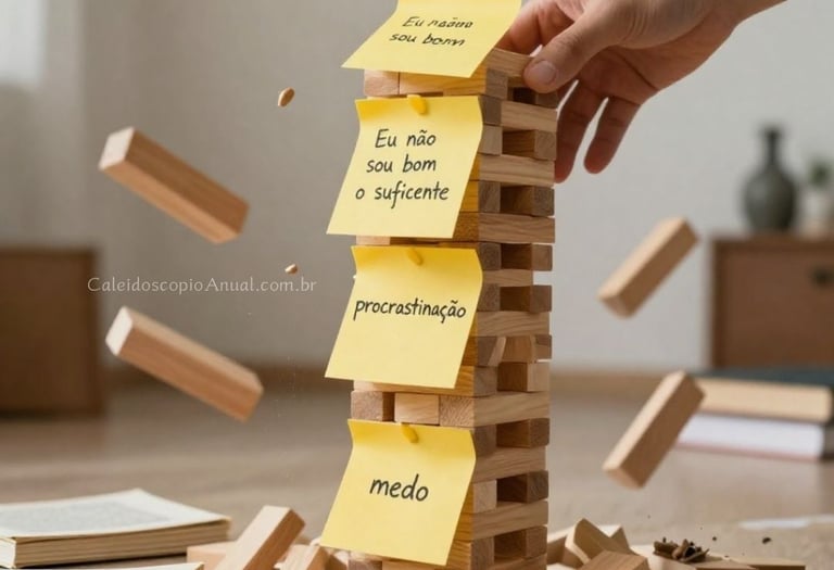 Ritual torre crenças: blocos empilhados post-it demolição peteleco libertação hábitos limitantes caos