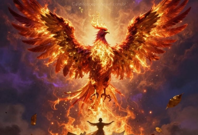 Fênix dourada renascendo das cinzas em chamas carmesim e luz do amanhecer — símbolo de transformação e renascimento.