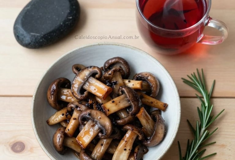 Cogumelos salteados com alecrim em cerâmica e chá hibisco vermelho - vista de cima rústico mesa madeira