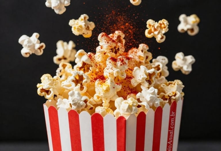Pipoca apimentada explodindo para fora de uma caixa clássica listrada em vermelho e branco, contra um fundo escuro.
