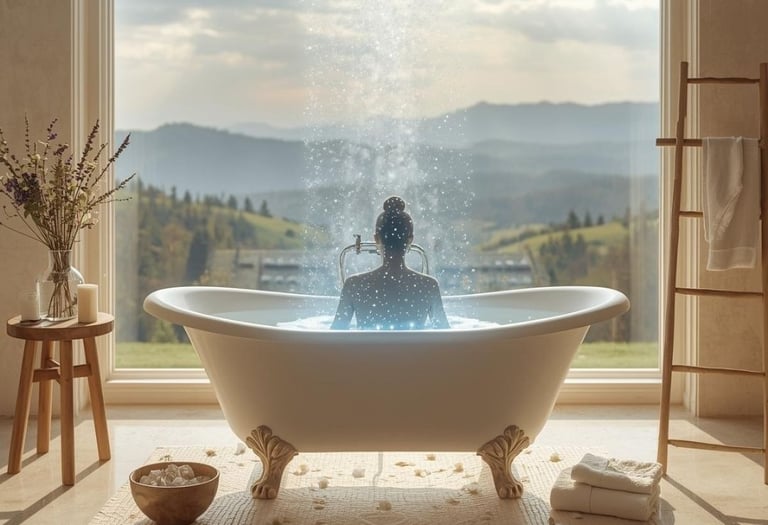 Banho purificação energética: banheira com sal ervas florais vela vista montanhas luz natural cura.