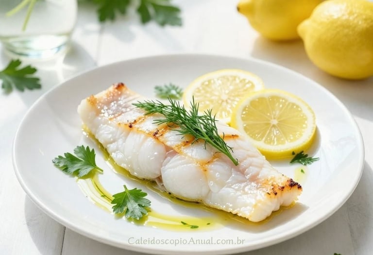 Peixe branco ervas limão: prato leve grelhado endro salsa pureza cura clareza esperança renovação