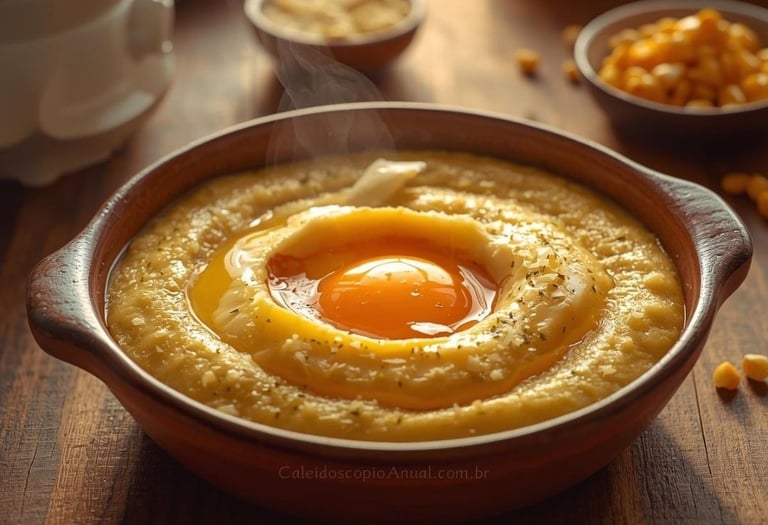 Polenta cremosa gema mole: prato milho ovo sol conforto nutrição alegria sustento abundância ouro