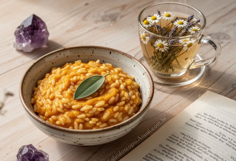 Risoto de Abóbora com Sálvia, servido numa cerâmica, ao lado de duas ametista, uma xícara transparente de chá de Camomila.