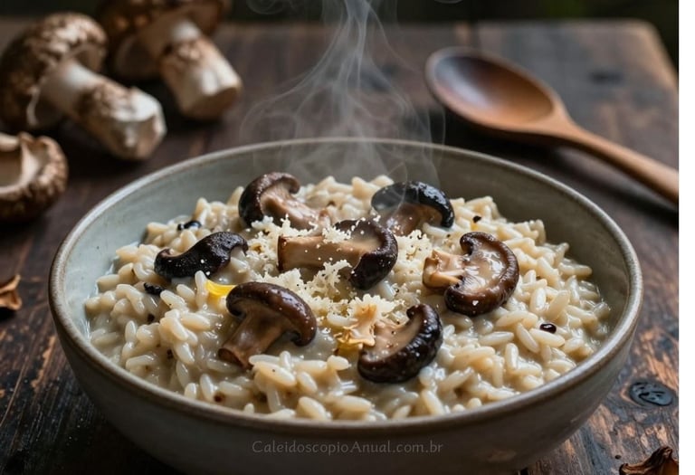 Risoto cogumelos selvagens: prato cremoso arroz arbóreo terroso lua mistérios terra conforto alma