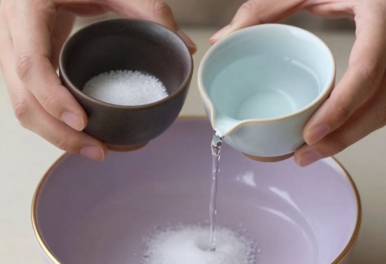 Duas mãos seguram duas xícaras de cerâmica simples e belas. Uma de cor escura com sal e outra clara com água.