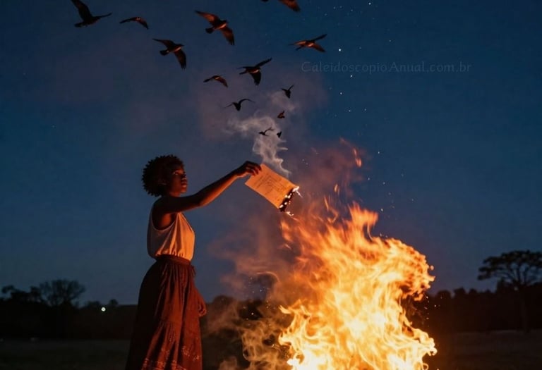 Ritual fogueira liberação: queimando papel transformando fumaça em pássaros voando céu estrelado