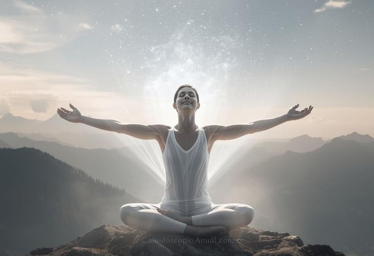 Mulher de braços abertos no alto de uma montanha, a frente de um vale montanhoso banhado pela luz do Sol Divina