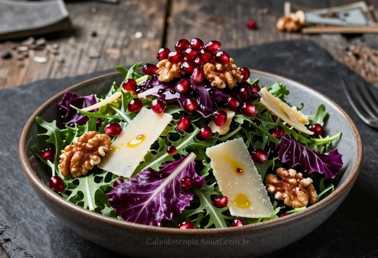 Salada Torre folhas amargas romã: almeirão radicchio rúcula sementes joias sabedoria renascimento