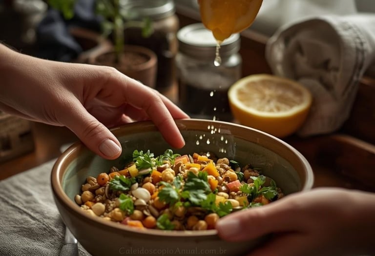 Preparo salada quinoa grão-de-bico: receita grãos ancestrais sementes legado nutrição consciente