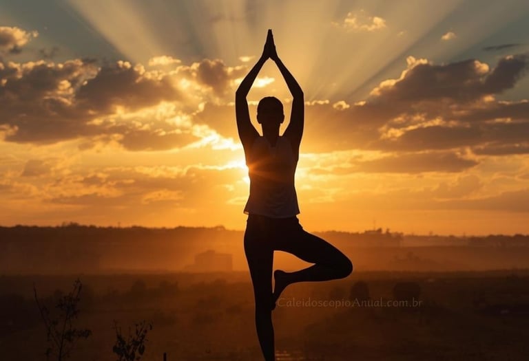 Saudação ao sol ritual: figura braços erguidos nascer sol energia dourada vitalidade alegria citrino