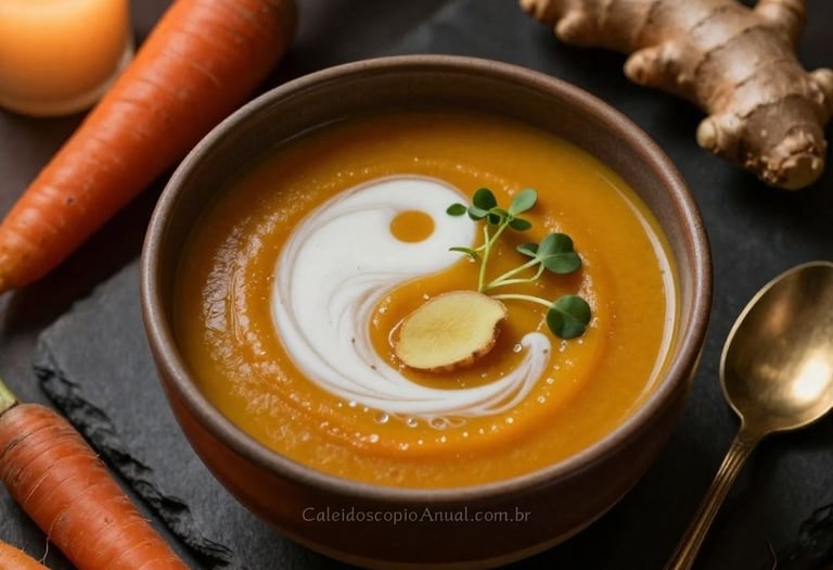 Cenoura e gengibre unidos em sopa-creme dourada, simbolizando equilíbrio entre os elementos Terra e Fogo.