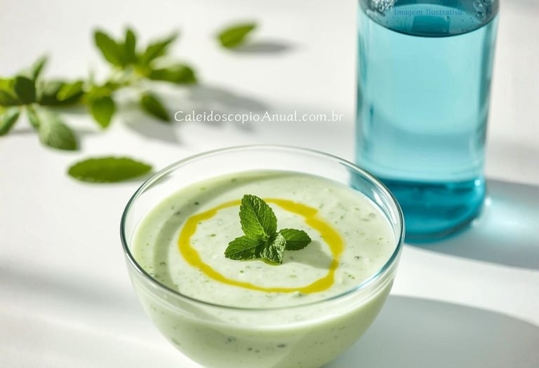 Tigela de sopa fria de pepino com hortelã ao lado de um copo de água solarizada azul, ambas louças transparentes..