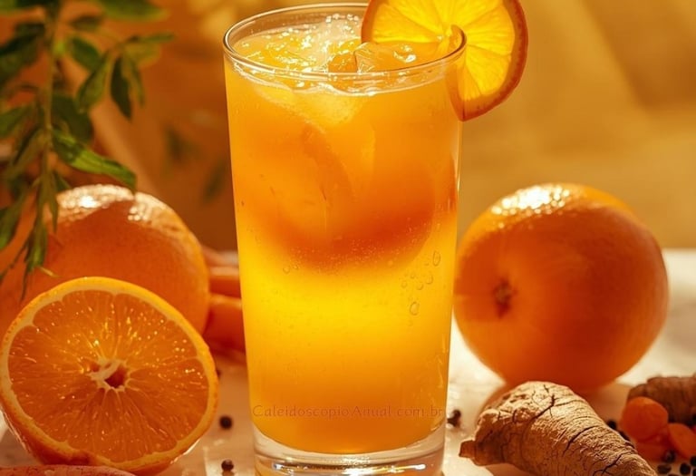 Suco laranja cenoura açafrão: bebida solar energética vitaminas vitalidade cúrcuma anti-inflamatório
