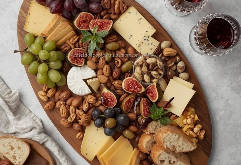 Tábua de Frios, Frutas e Pães distribuídas ricamente ao lado de 2 taças de Vinho